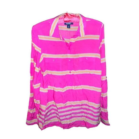 Old Navy light weight hot pink striped long sleeved button blouse size medium - Picture 1 of 6